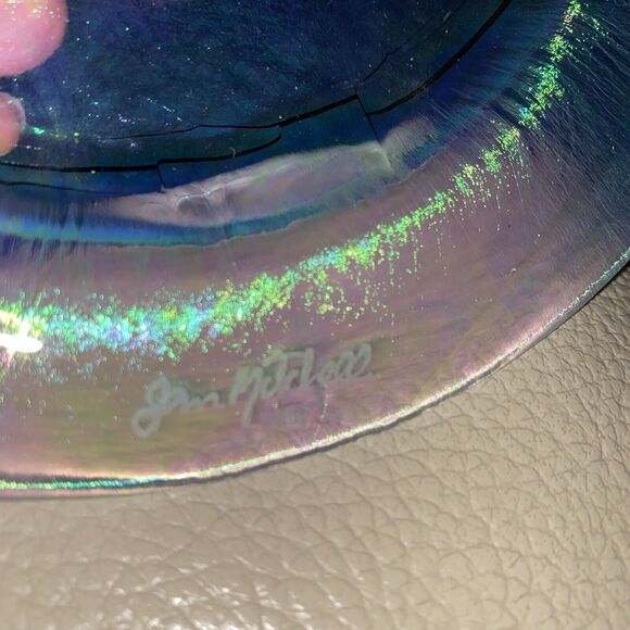 Jan Mitchell Fused Iridescent Clear Glass Plate Red Poinsettia Signed 7.5" New - Picture 6 of 6